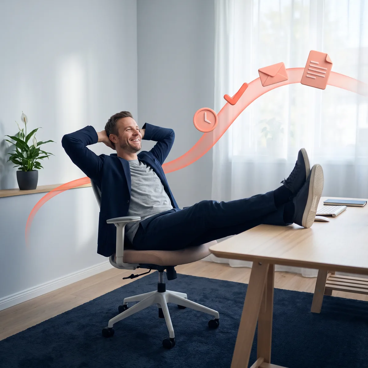 Entspannt zurücklehnen mit Füßen auf dem Schreibtisch, während automatisierte n8n-Workflows die Aufgaben von selbst erledigen